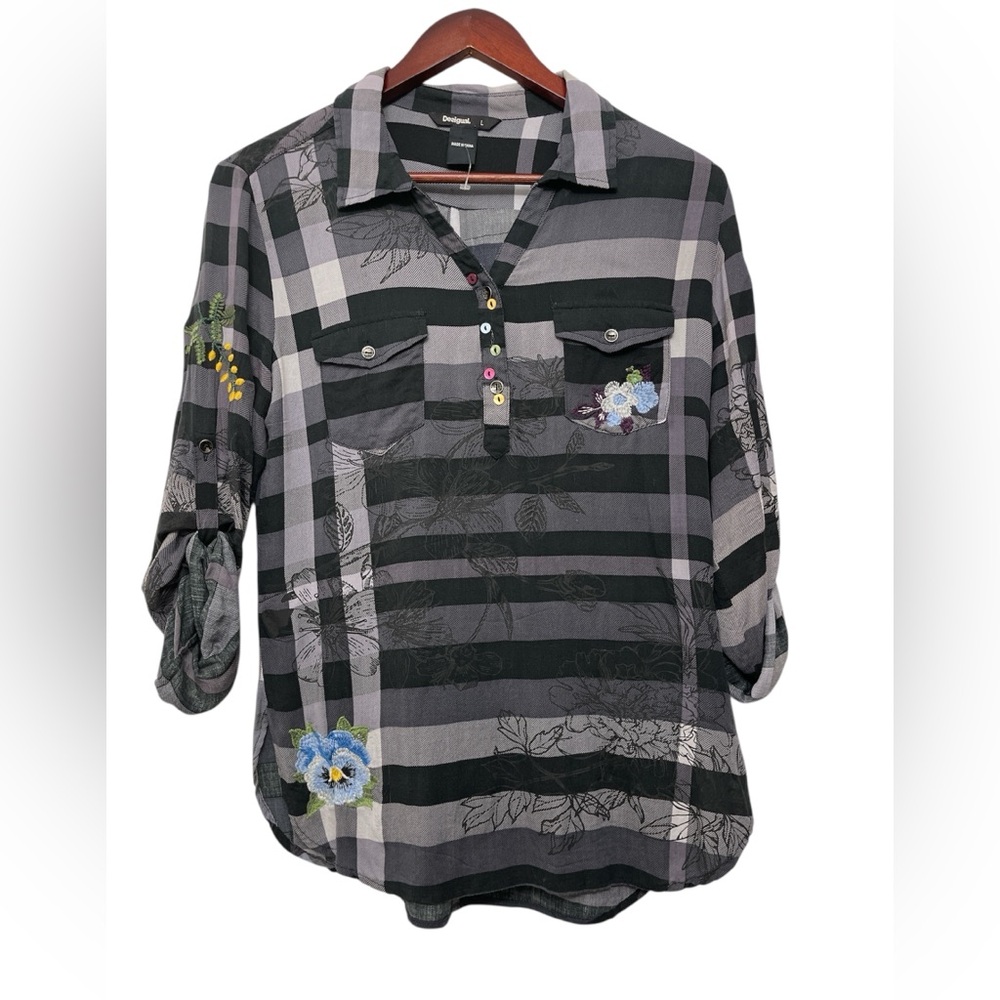 Desigual Plaid & Floral Embroidered Top